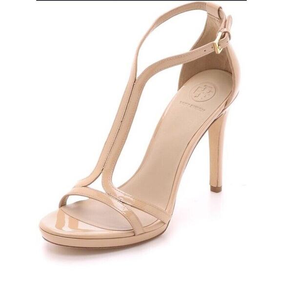 Tory Burch Shelley Heels Nude T Strap Stiletto Patent Leather Womens Size 9 - Picture 1 of 11